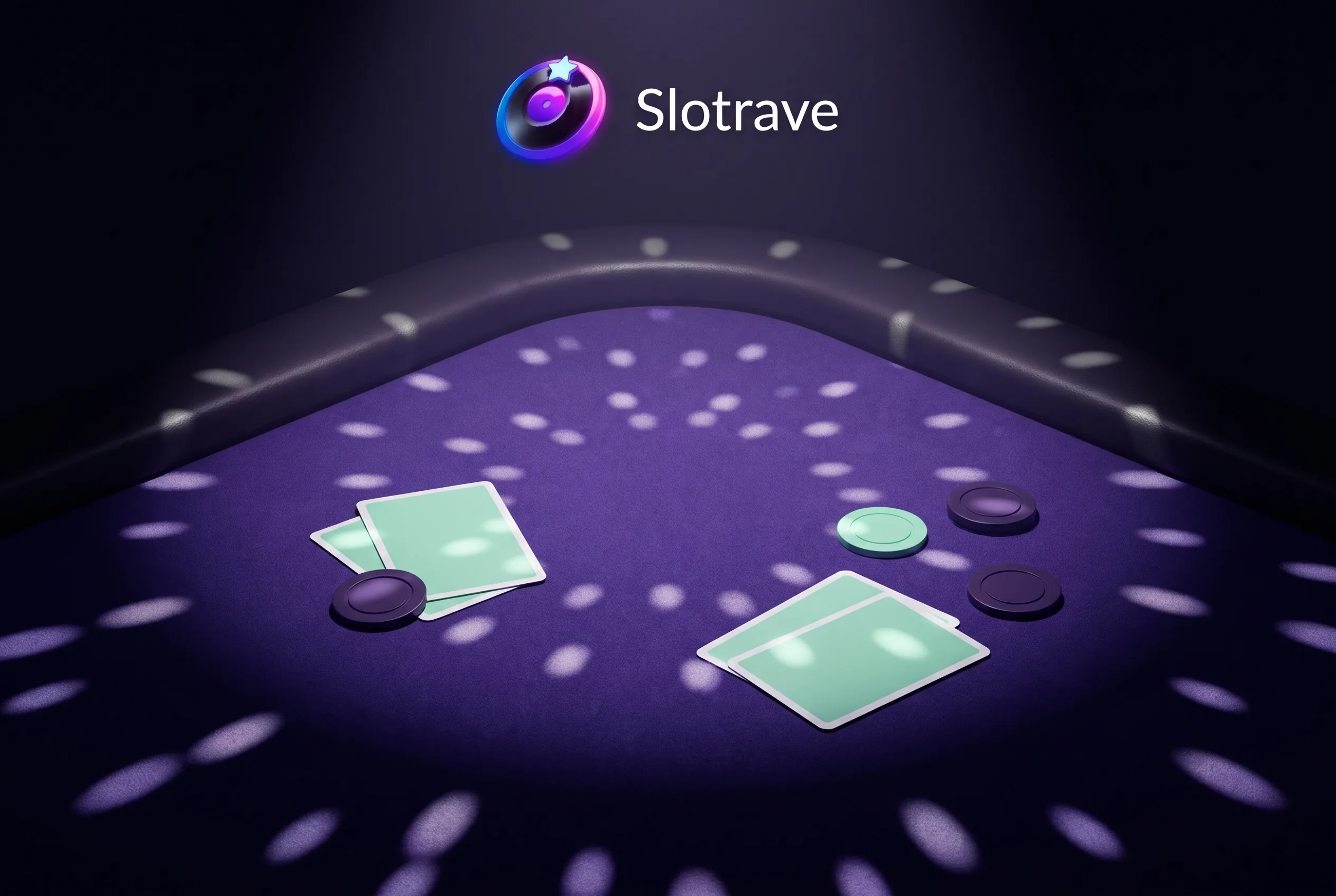 Ilustrace živého kasina Slotrave s kartami a žetony na fialovém stole