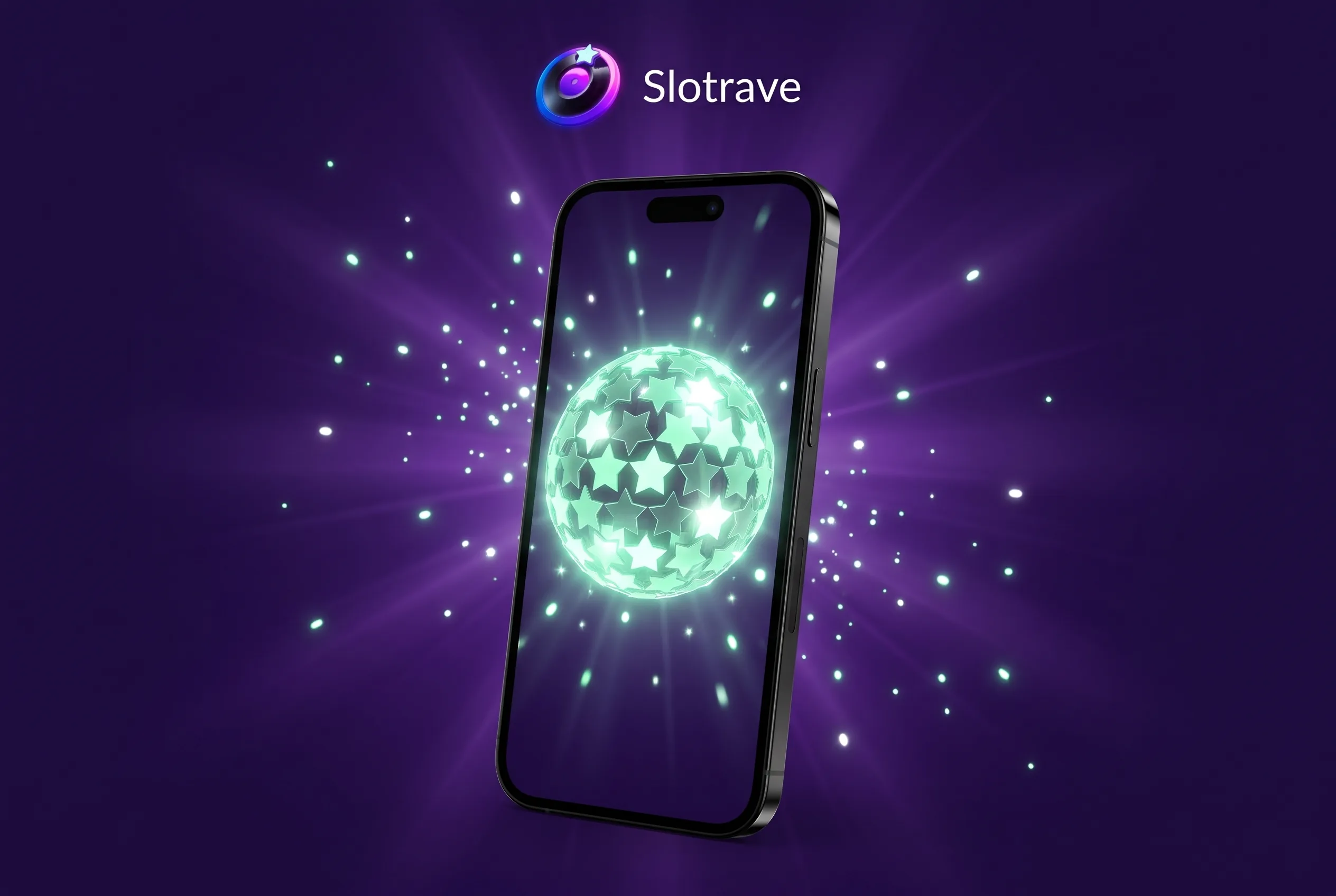Telefon s motivem aplikace Slotrave a svítící disko koulí