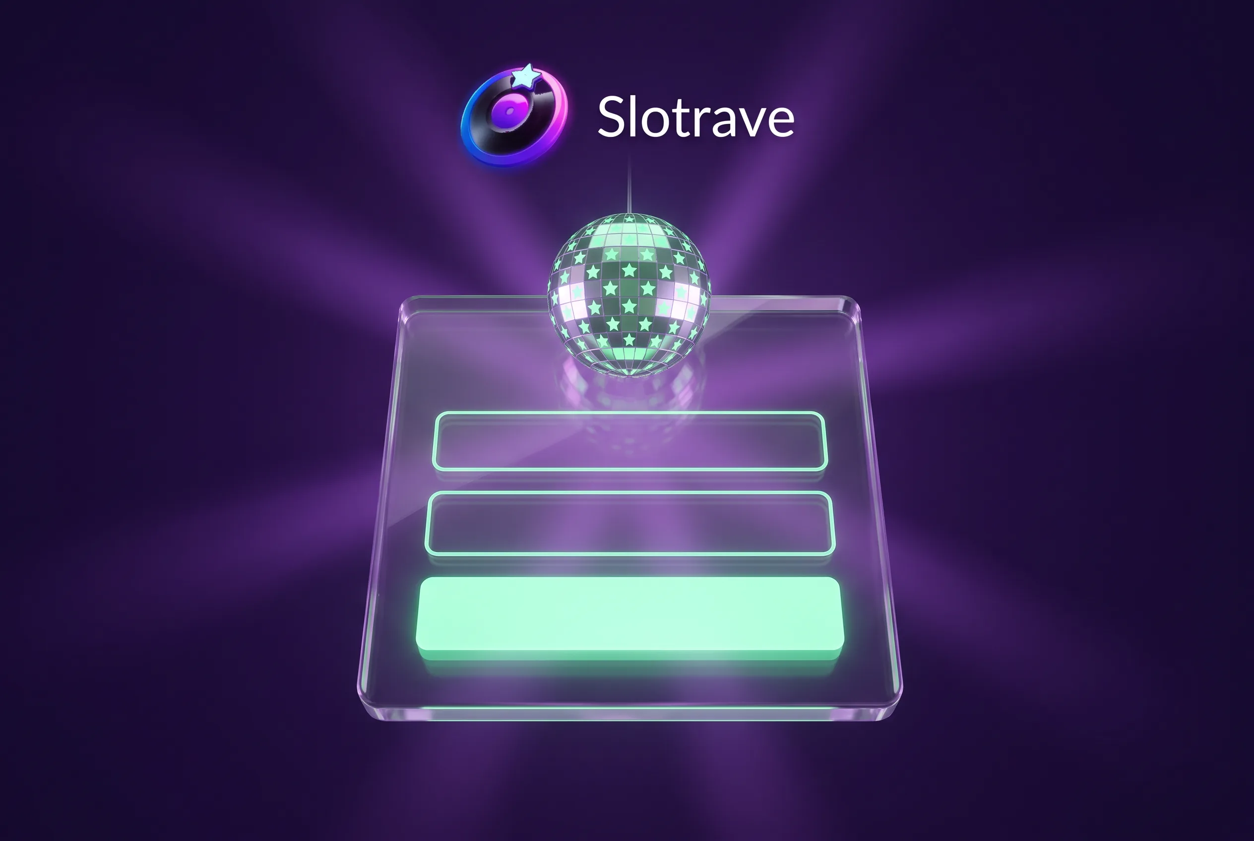 Ilustrace registračního formuláře Slotrave s mátovými poli a disko koulí